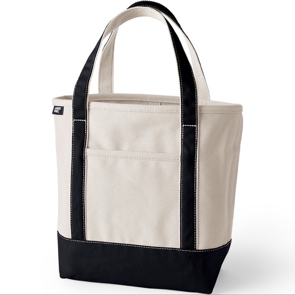 LANDS' END Medium Black 5 Pocket Open Top Canvas Tote Bag NEW - Picture 1 of 5
